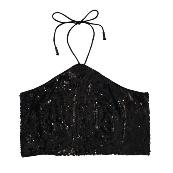 Black Sequin Halter Crop Top With Smocked Back & Adjustable Tie Closure. - Picture 1 of 7